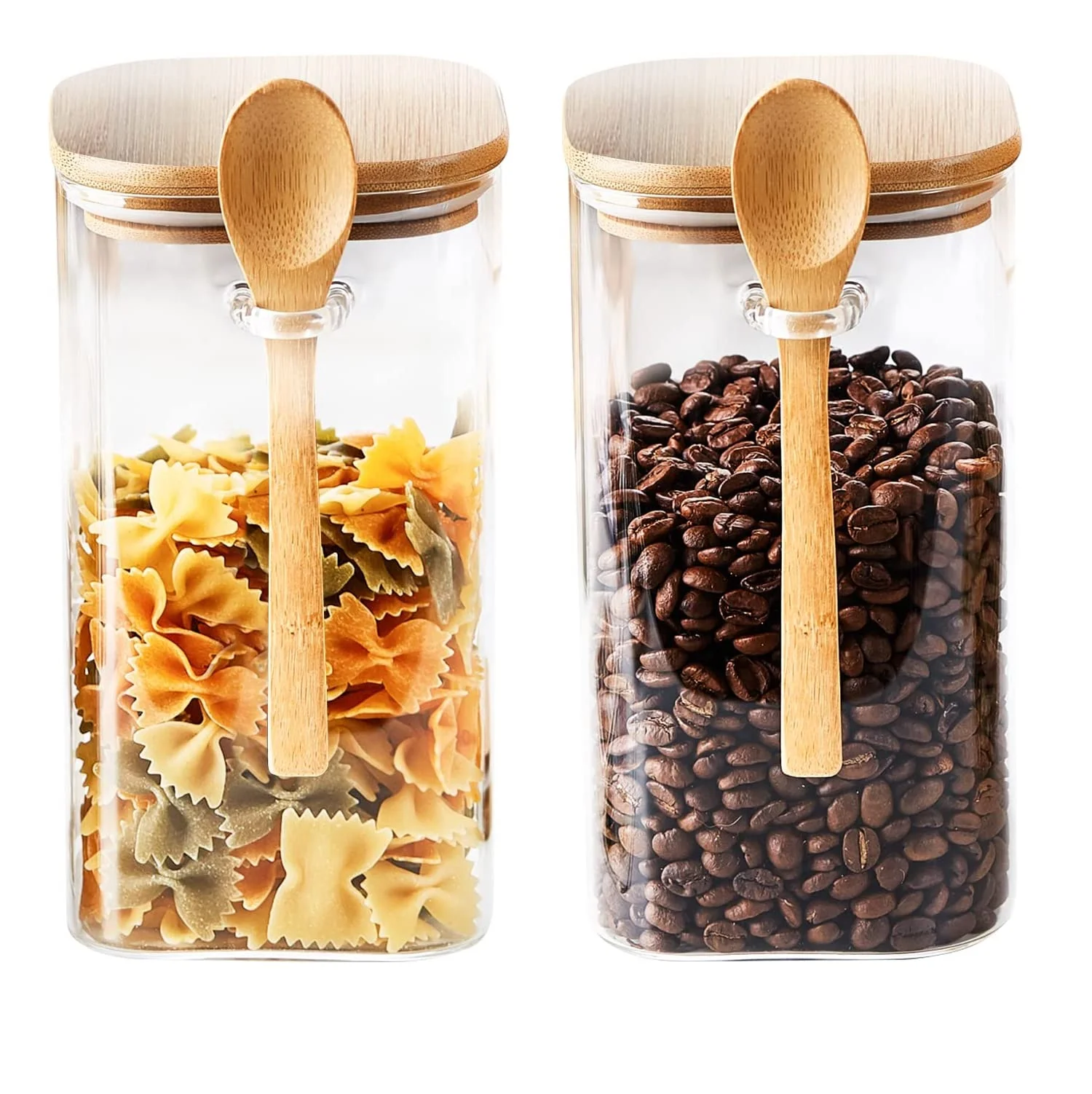 600ml 1000ml 1200ml Square Glass Food Canisters Jars with Airtight Bamboo Lid and Spoon for Home Kitchen