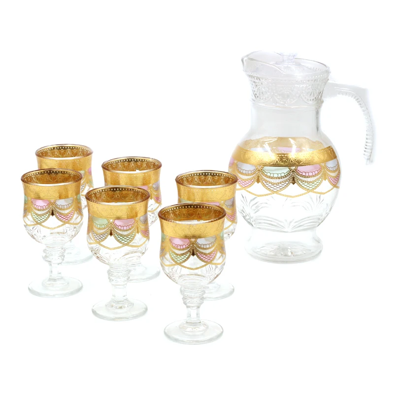 cheap wholesale 6 goblets 1 kettle clear glass goblets kettle sets tea cup sets gold butterfly arab turkish drinking glass set