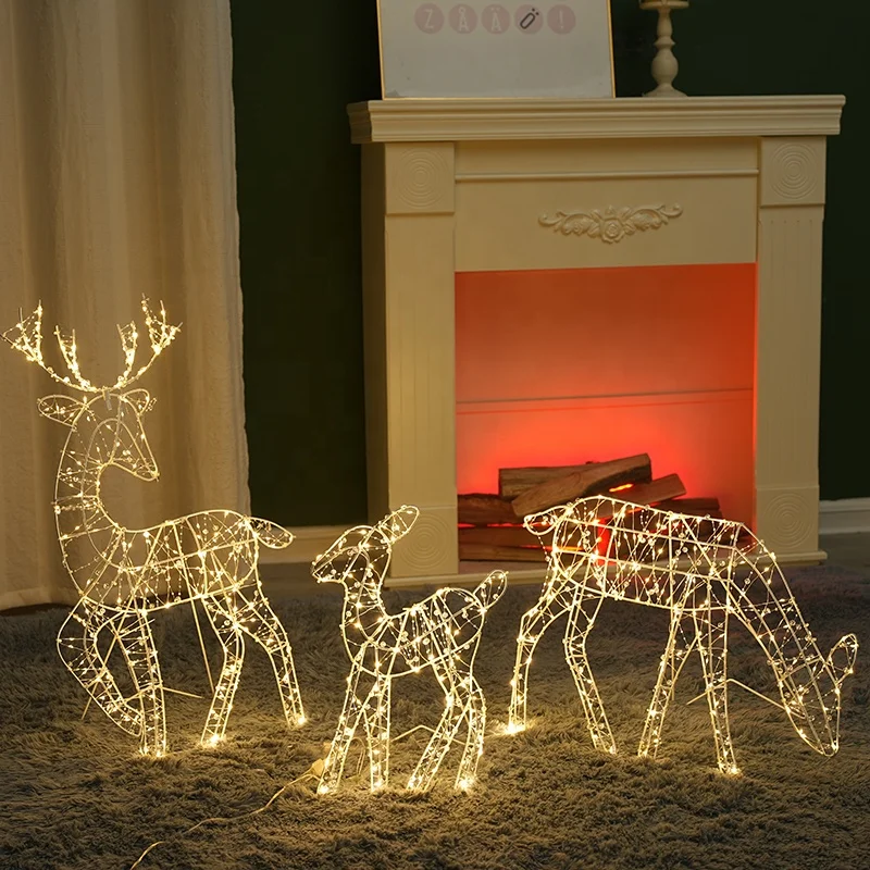 Outdoor Yard Garden Decorative metal Frame Christmas Deer copper wire Light Motif 3d Reindeer Light