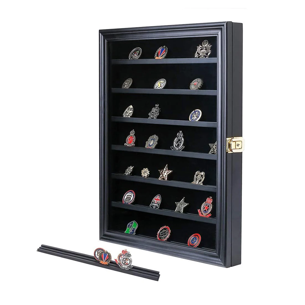 Custom High Quality Removable 13x16 Inch Twin Slot Shelf Wood Cabinet Rack Holder Shadow Box Challenge Coin Display