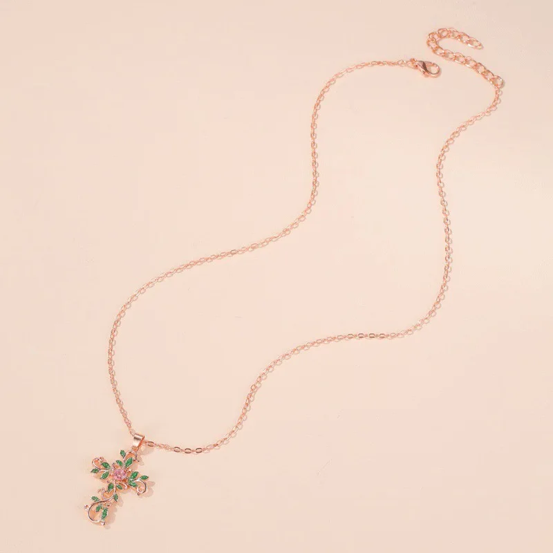 Women Orthodox Jesus Diamond Rhinestone Tarnish Free Dainty Chunky Collar Flower Leaves Christian Cross Pendant Necklaces