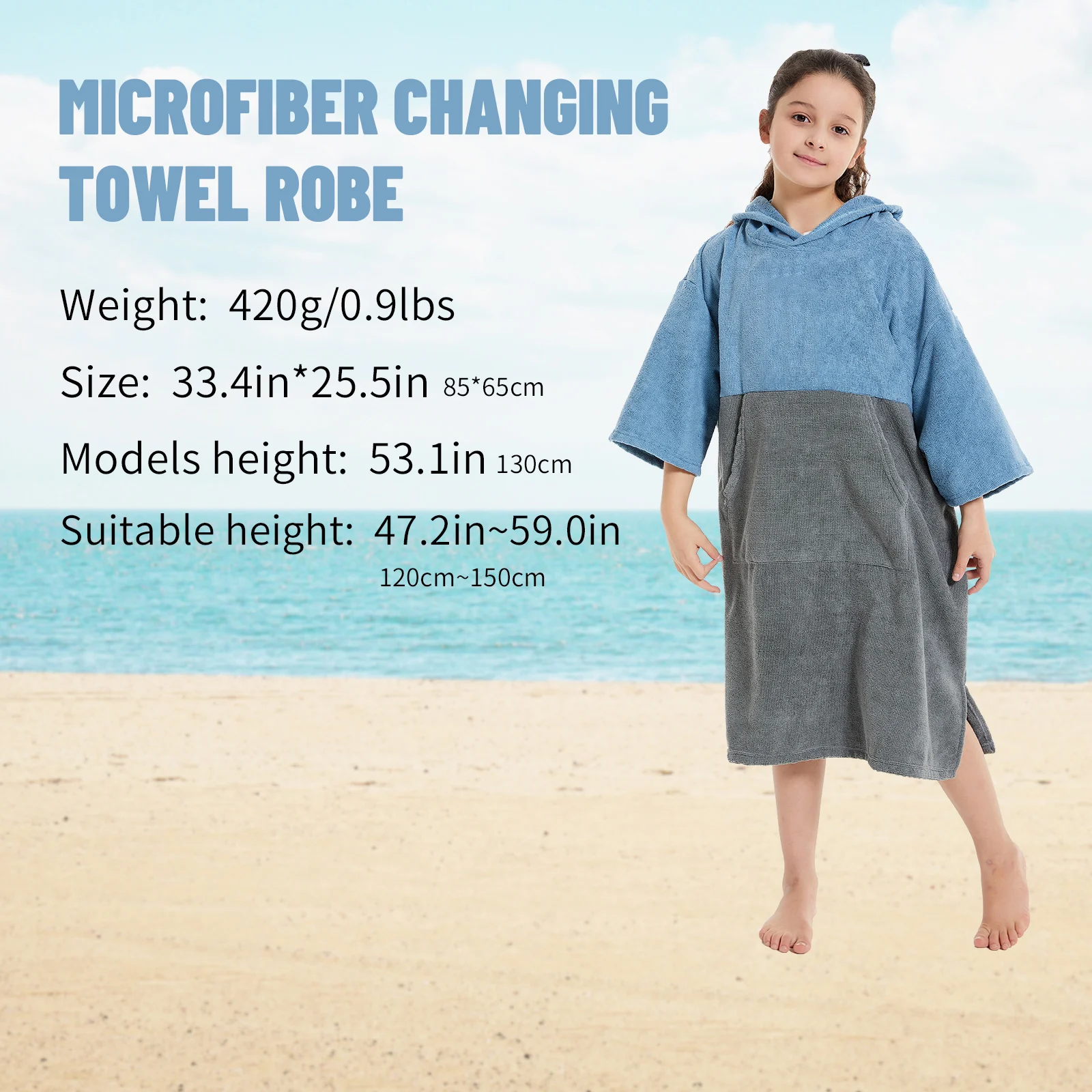 Towel Robe Chidren Microfiber Changing Robe with Hoodie and Large Front Pocket for Surfing and Outdoor Activities