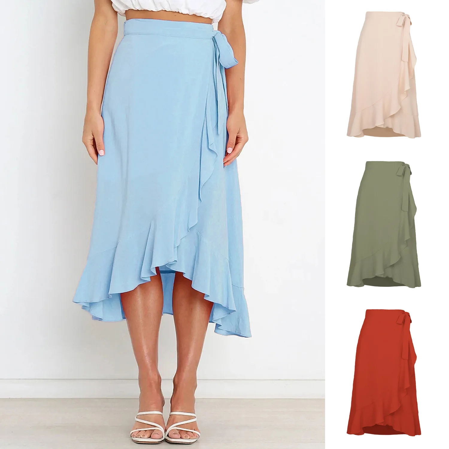 Trendy Casual Frill Hem Wrap Skirt With Belt Women Irregular High Waist Maxi Slit Midi Skirt