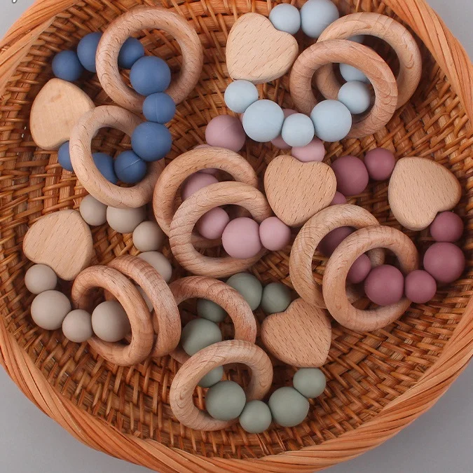 Baby Teethers Newborn Silicone Beads Wooden Teether Ring Baby Toy Baby Sensory Teething Teether Toys