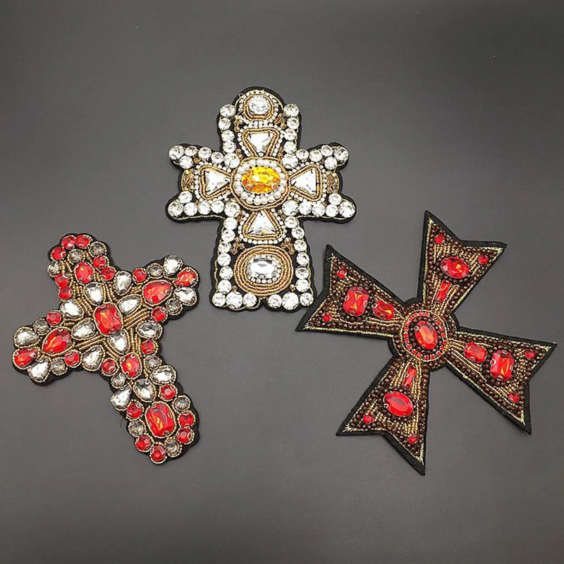 Wholesale Price Custom Logo Cross Iron On Patches Horoscope Applique Crystal Patches