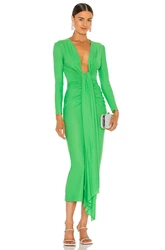 OEM party green V-neck crepe fabric evening long sleeve sexy ruched knot draped midi dresses women