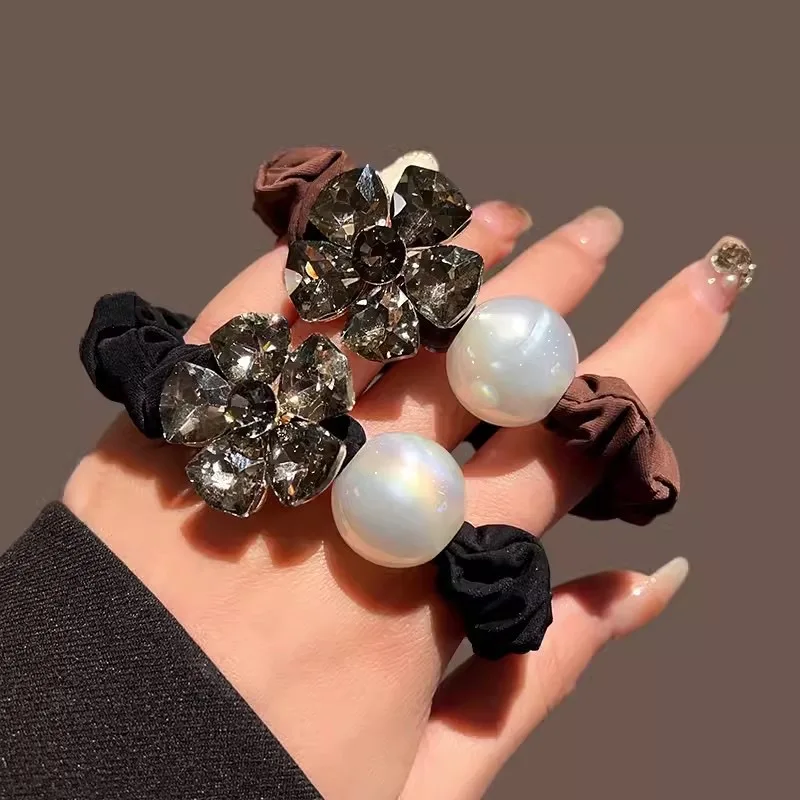 Bulk elastic hair accessories wholesale scrunchy hair band luxury girls rhinestone flower women hair ties pearl