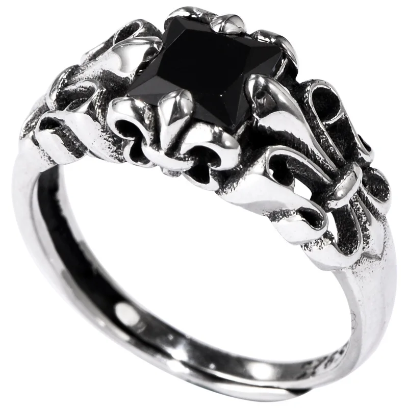 
Small black silver s925 sterling silver retro European crusader flower obsidian opening for men and women fashion trend ring 