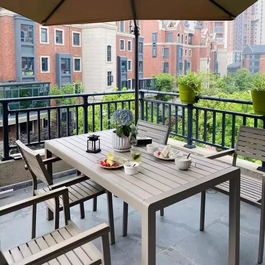 Wholesale Outdoor dining wood table aluminum frame table and 6 chair set garden patio furniture set