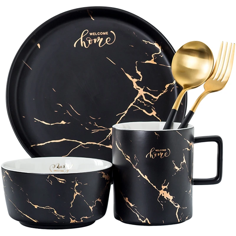 2022 hot products marble dinnerware black ceramic dinner set vajilla porcelain