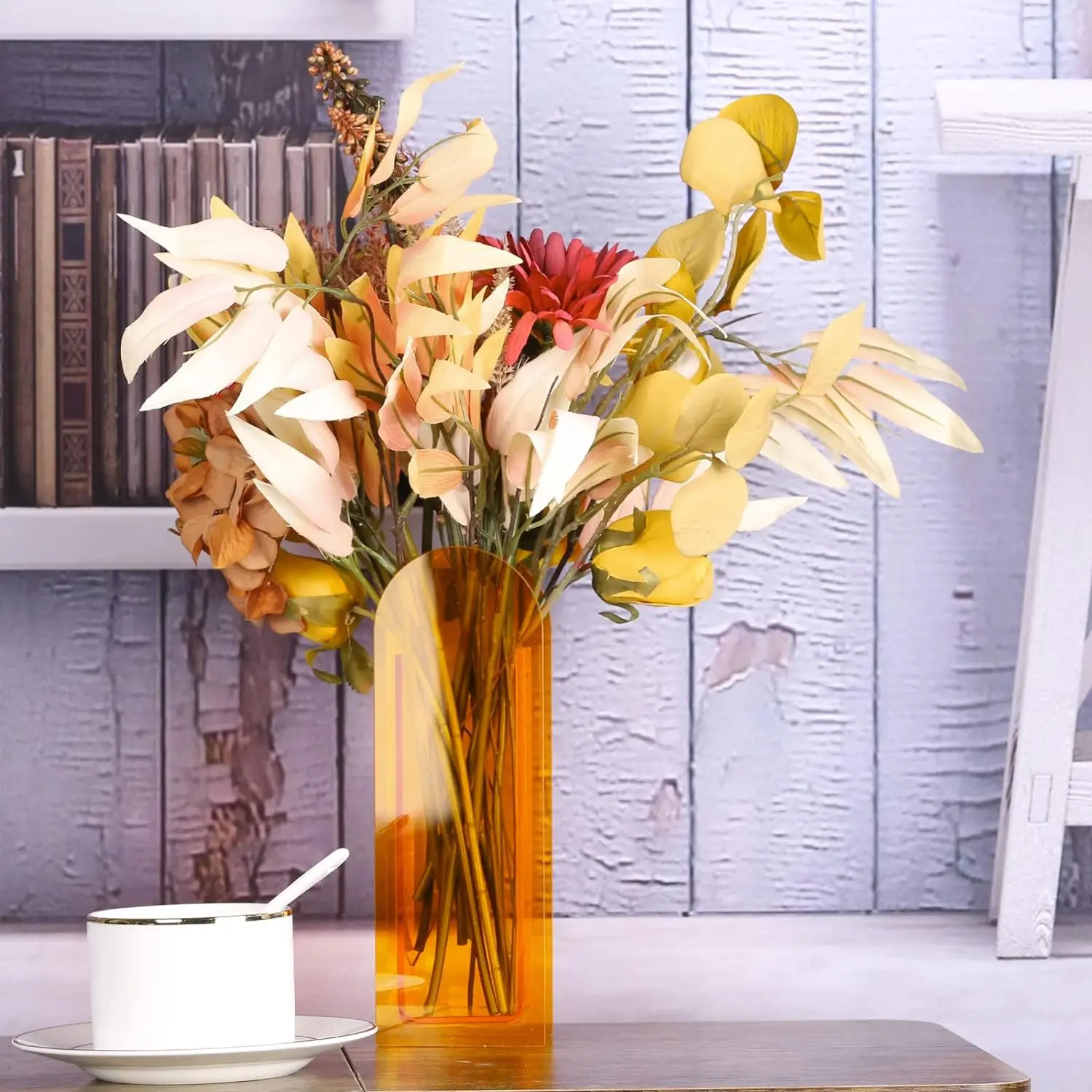 Modern Orange Geometric Acrylic Flower Vase Wide-Mouth Small Tabletop Bud Vase with Orange Flowers for Desk Centerpieces