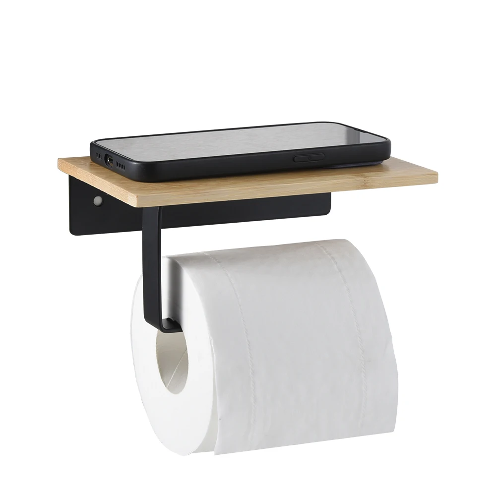 Wall Mount Toilet Wood Paper Holder With Phone Shelf