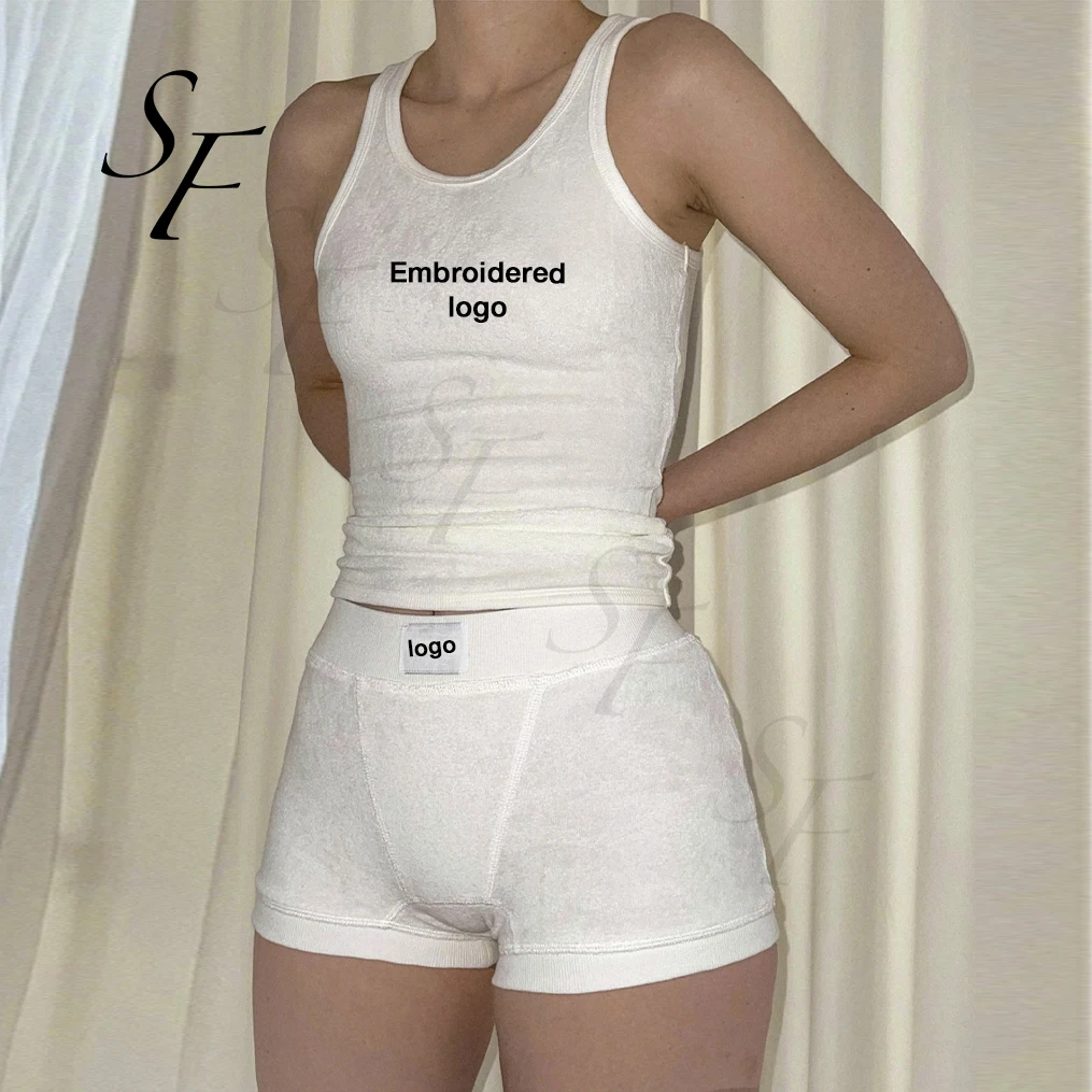 Summer beach Custom logo Women Clothing Loungewear Suit Terry Towel Fabric tank top and boxer short Two piece Set