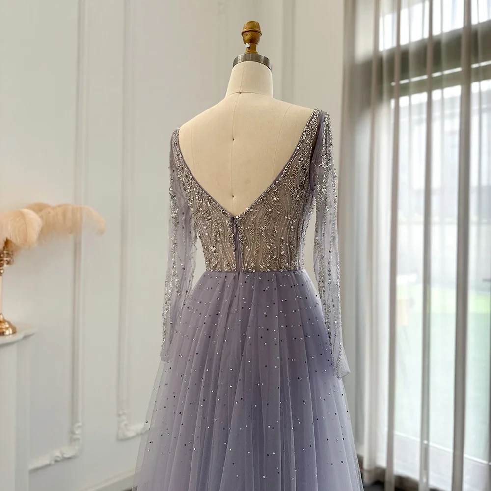 ASA-SS52 Luxury Beading V-neckline Tulle Evening Dresses Plus Size Long Sleeves Purple Party Formal Dresses for Women