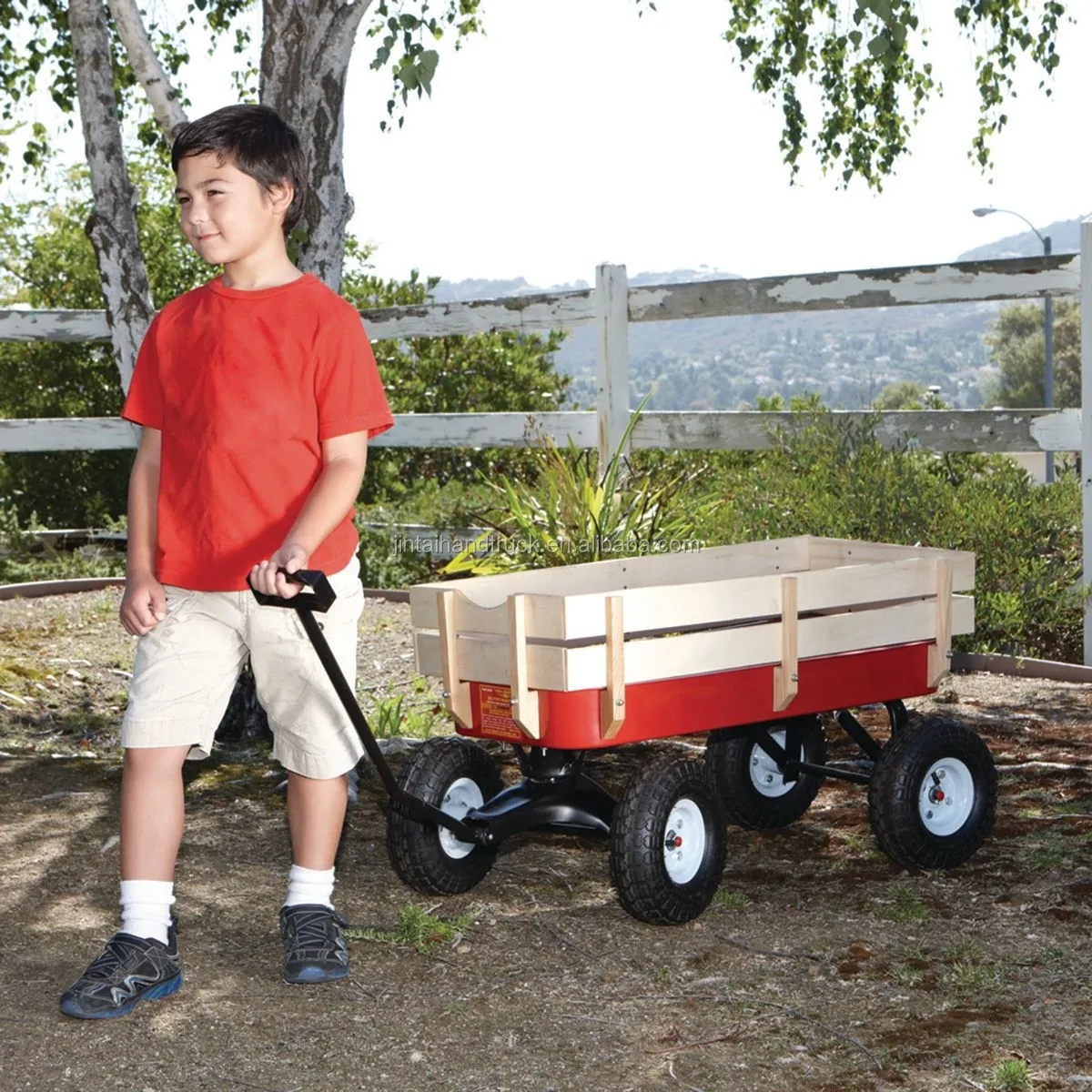 garden wooden panel wagon children pull wagon tool cart with 4 wheels
