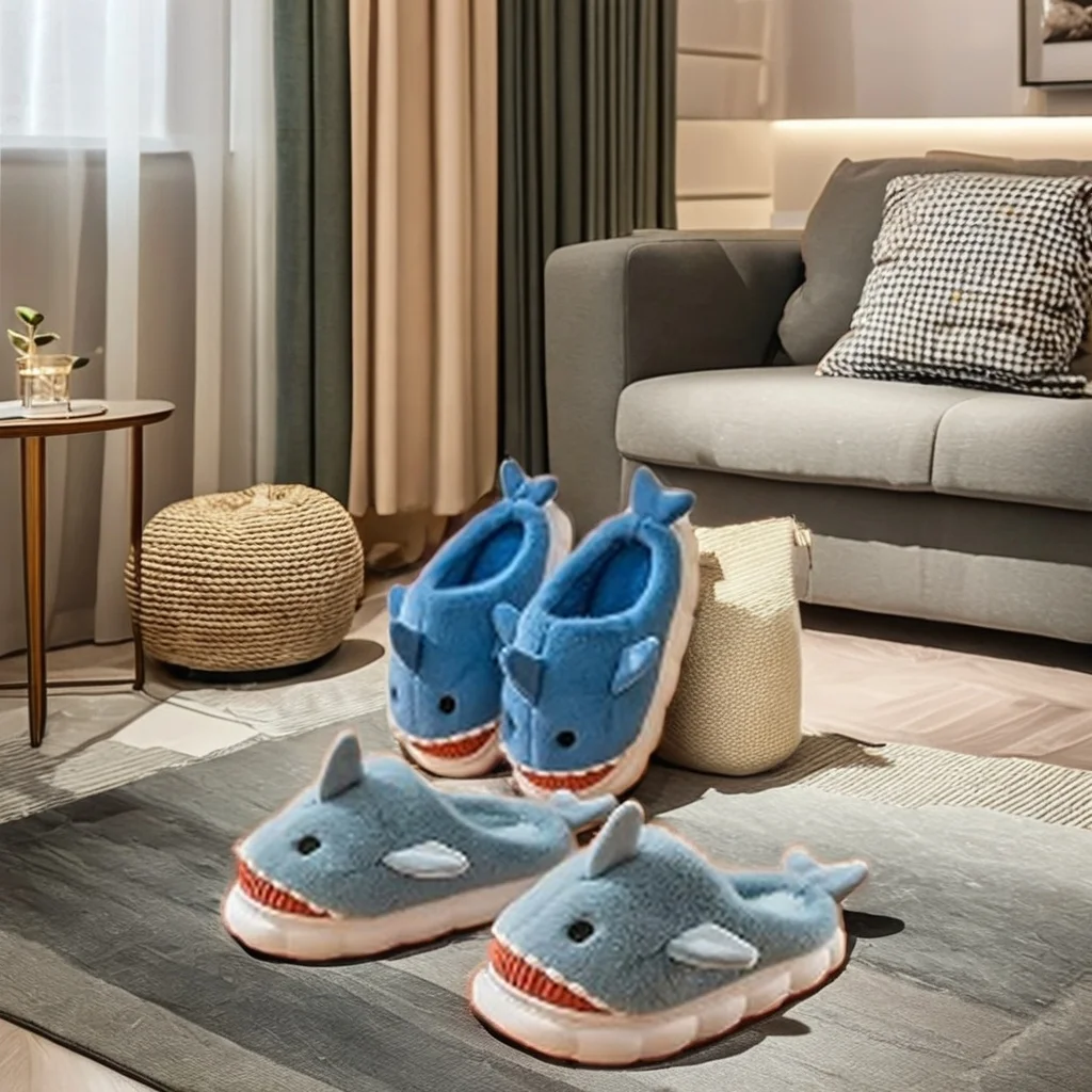 Cartoon Animal Shark cotton Slippers Winter Indoor and holiday gifts girs slip resistant warm Kids shoes of Wholesale and retail