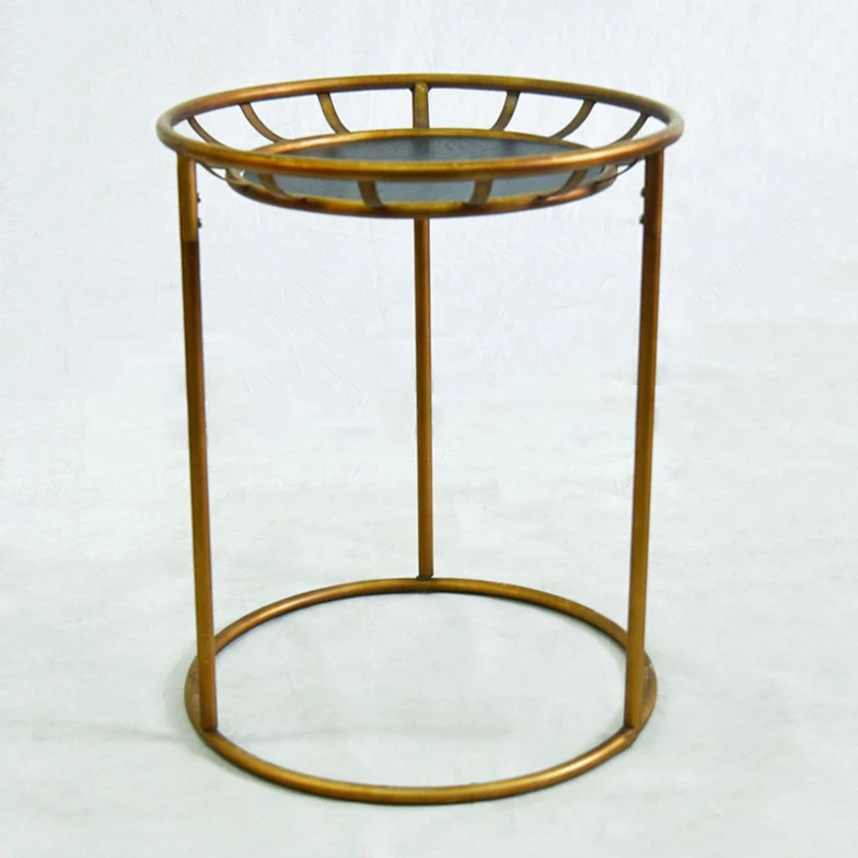 INNOVA antique rustic round wooden top golden metal coffee table living room furniture side center coffee table