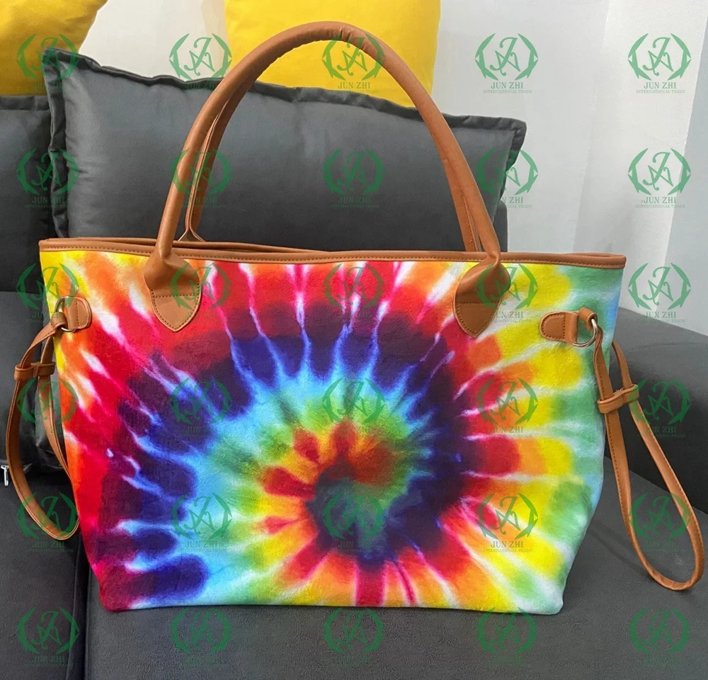 Cow Printed Leather Handbag Rainbow Tie Dye Sunflower Tote Bag