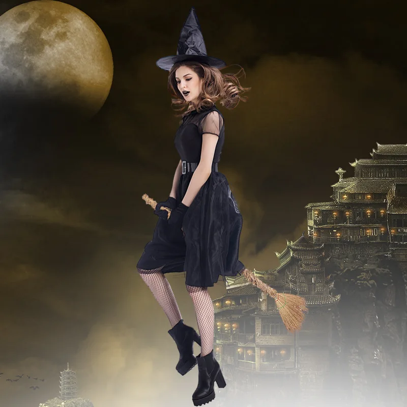 Halloween New Black Yarn Witch Costume Witch Costume Temperament Witch Night Ghost Game Costume