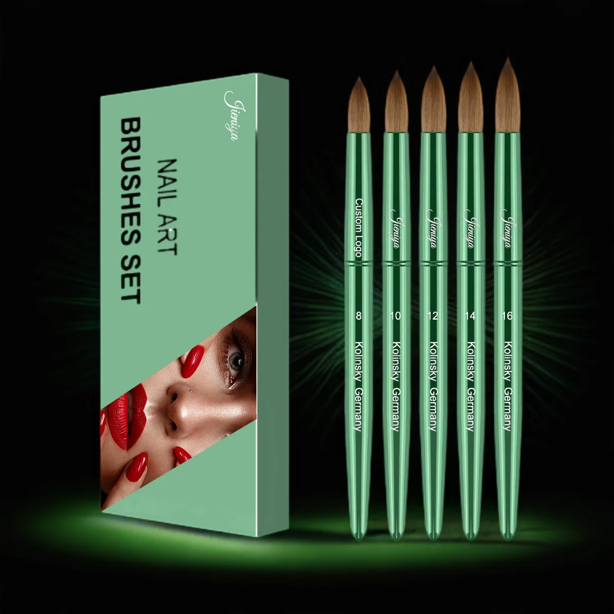 International size #8-#24 boxed pure green metal handle pure kolinsky round acrylic brush set kolinsky acrylic brush