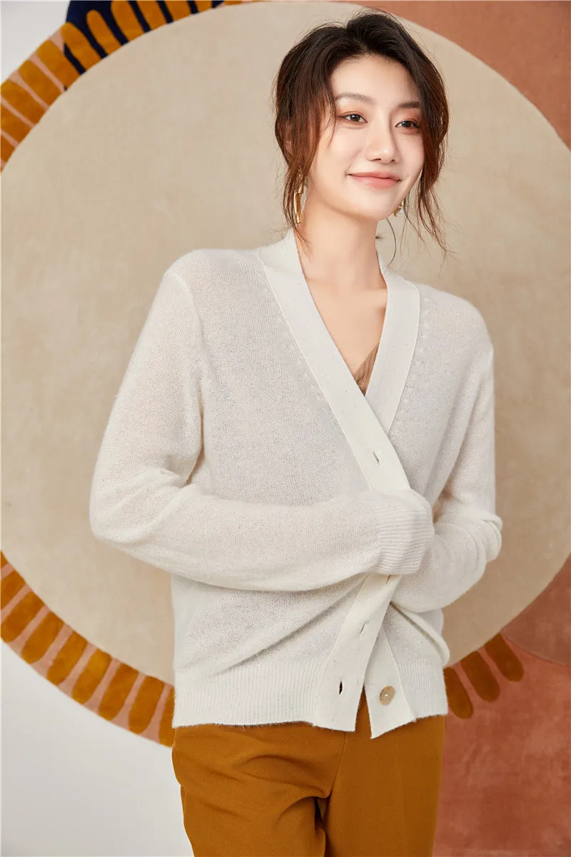 Hot Selling Female Sequin 100% Cashmere Knitted Button V-neck Sweater Cardigan