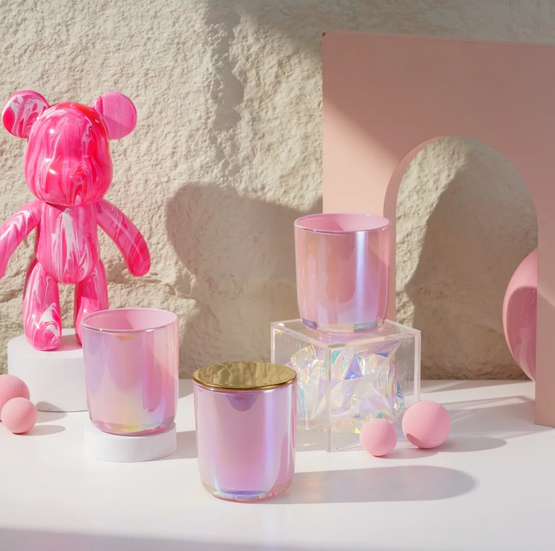 empty big size pink iridescent holographic candle jars 12 oz with box and rose gold lids