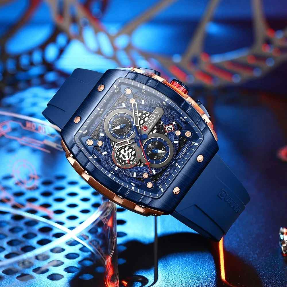 CURREN 8442 Fashion Sports Watches Dial Unique Square Hollow Design Man Quartz Wristwatches with Chronograph with Auto Date