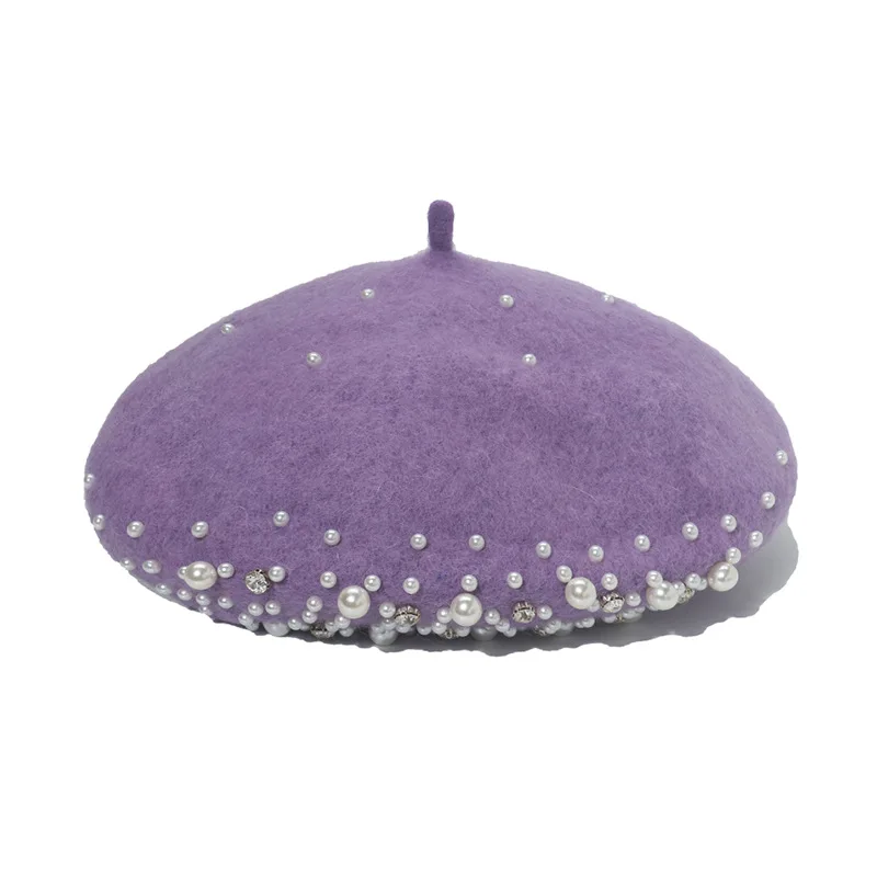 2024 Factory wholesale high quality autumn winter Lady Korean version British pearl point diamond wool painter hat bud Beret hat