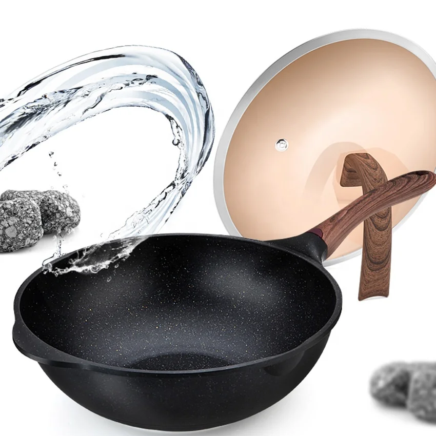 New Die-cast aluminium induction wok with lid for cooktops 32cm wok pan nonstick deep pot pan stir fry chinese long handle