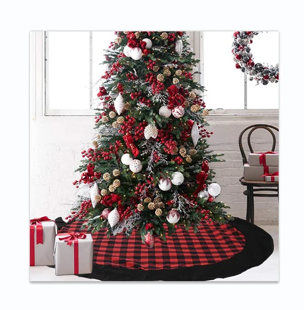 Клетчатая ткань 120 см, юбка в виде дерева, красно-черная клетчатая фланелевая юбка в виде елки, украшение для рождественской елки