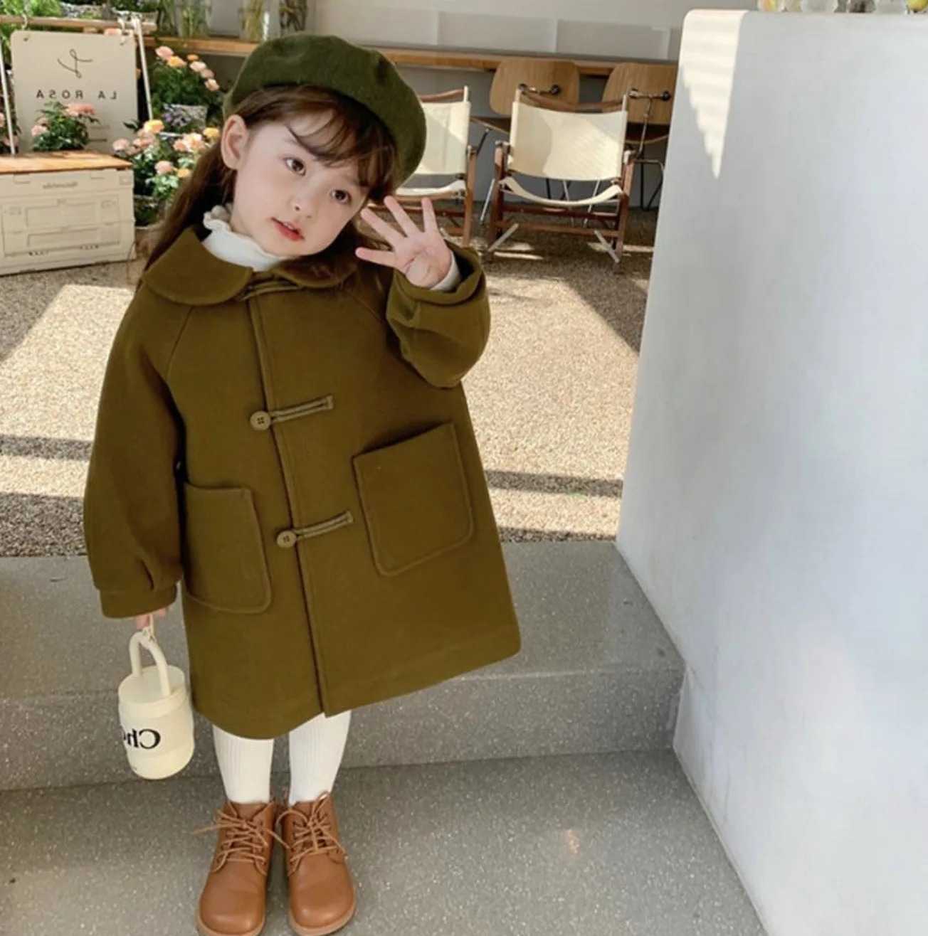 Girls Cute Green Girls Coat Winter Cotton Double breasted 2-pocket Children Clothes Outerwear