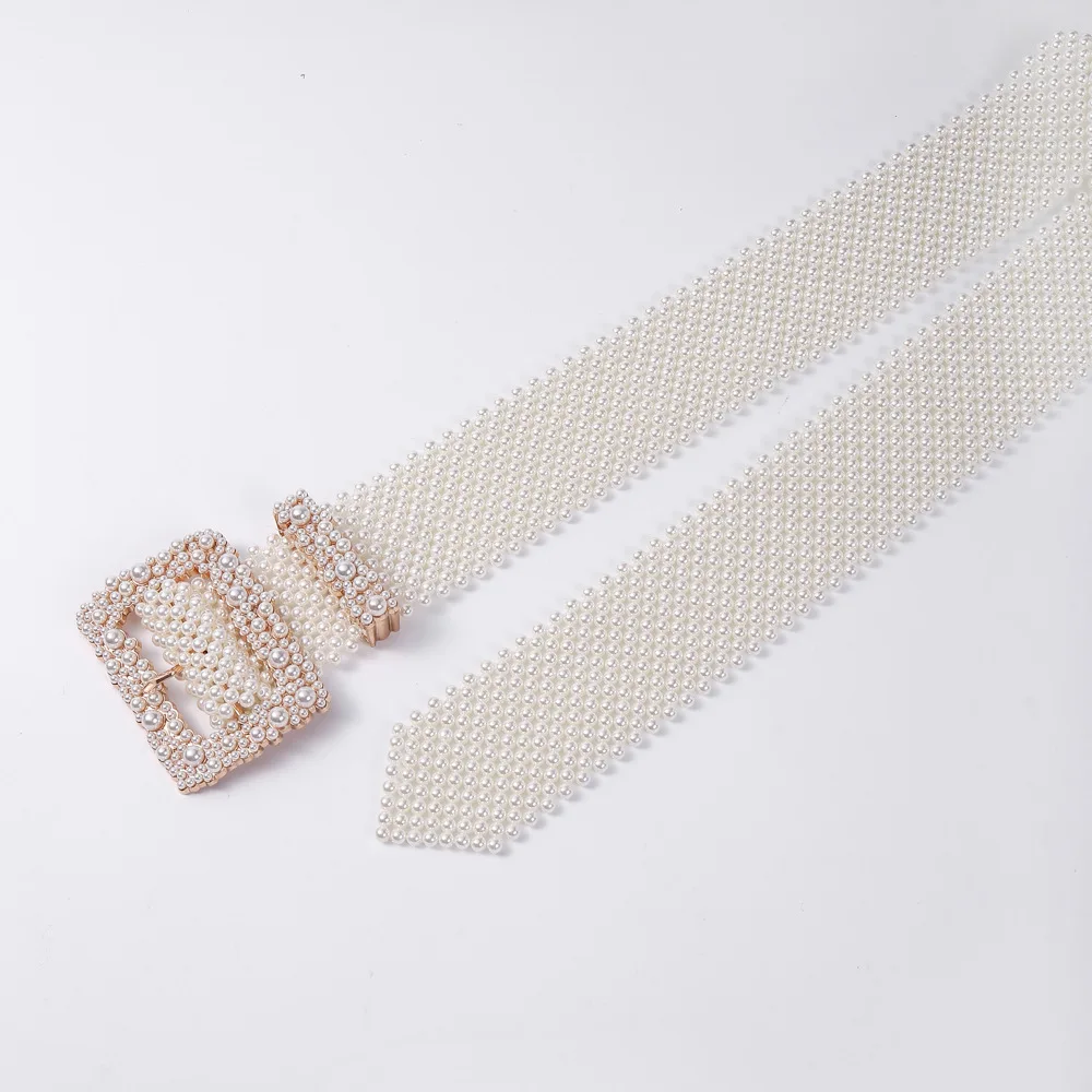 Fashion Lady Luxury Handmade White Beads Women Wide Waist Artificial Pearl Belt with Square Buckle