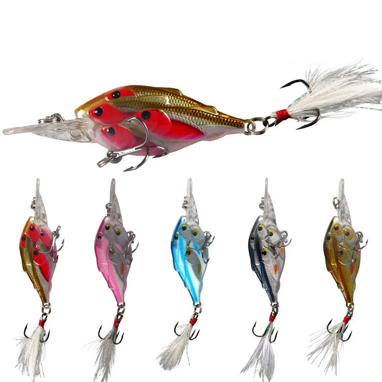 6.5cm 6g 5 colors Many Fishes in the Belly Crank Baits Lip Feather Hook Fishing Hard Baits Lures Jerkbait Trout Grass Fishing