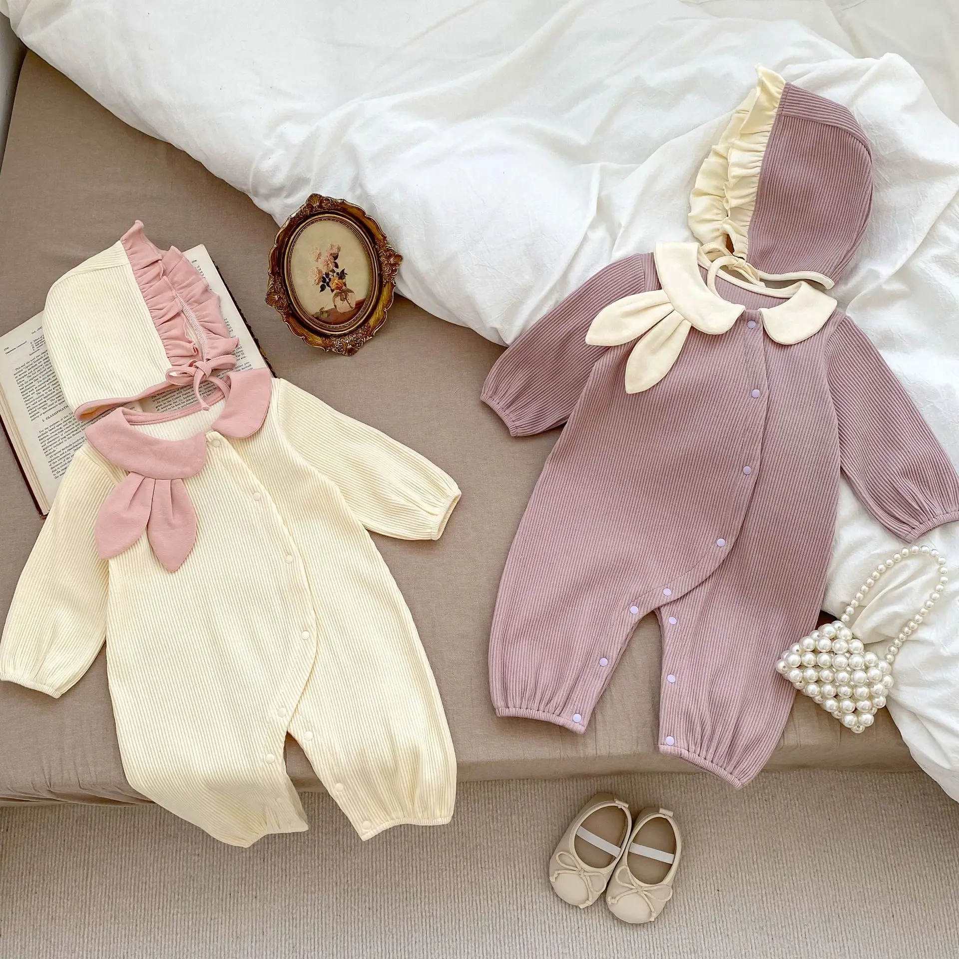 Spring and autumn baby onesie cute lapel bag farts crawling clothes girl baby photo costume
