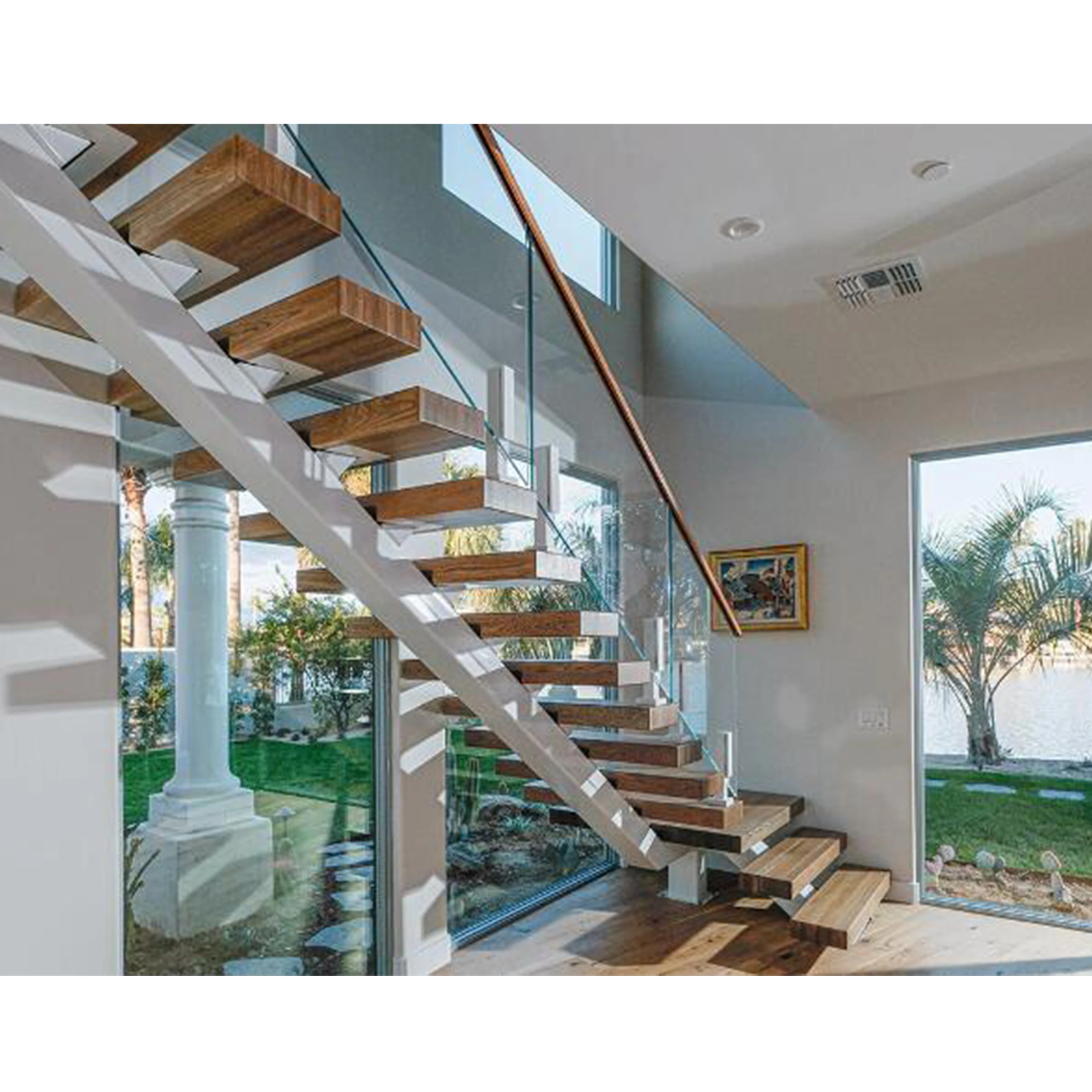 Fanaosi Modern Glass Step Floating Staircase High Quality villa Indoor Wood Tread Cantilever Staircase