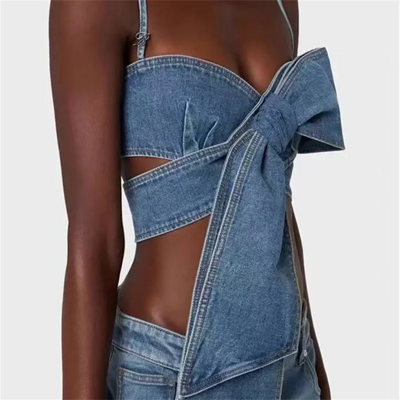 Новый Ретро Личность стерео бант Топ жилет старый джинсовый ремень топы для женщин