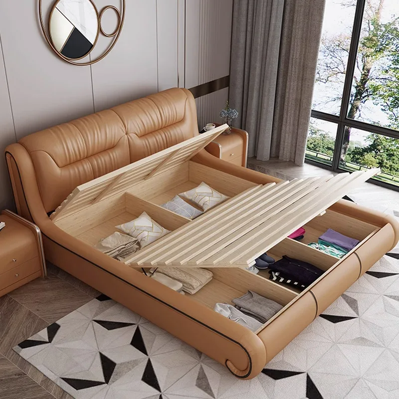 Customized Modern King Size Luxury Bed Frame Lit Complet Leather Master Upholstered Bedroom Furniture Set