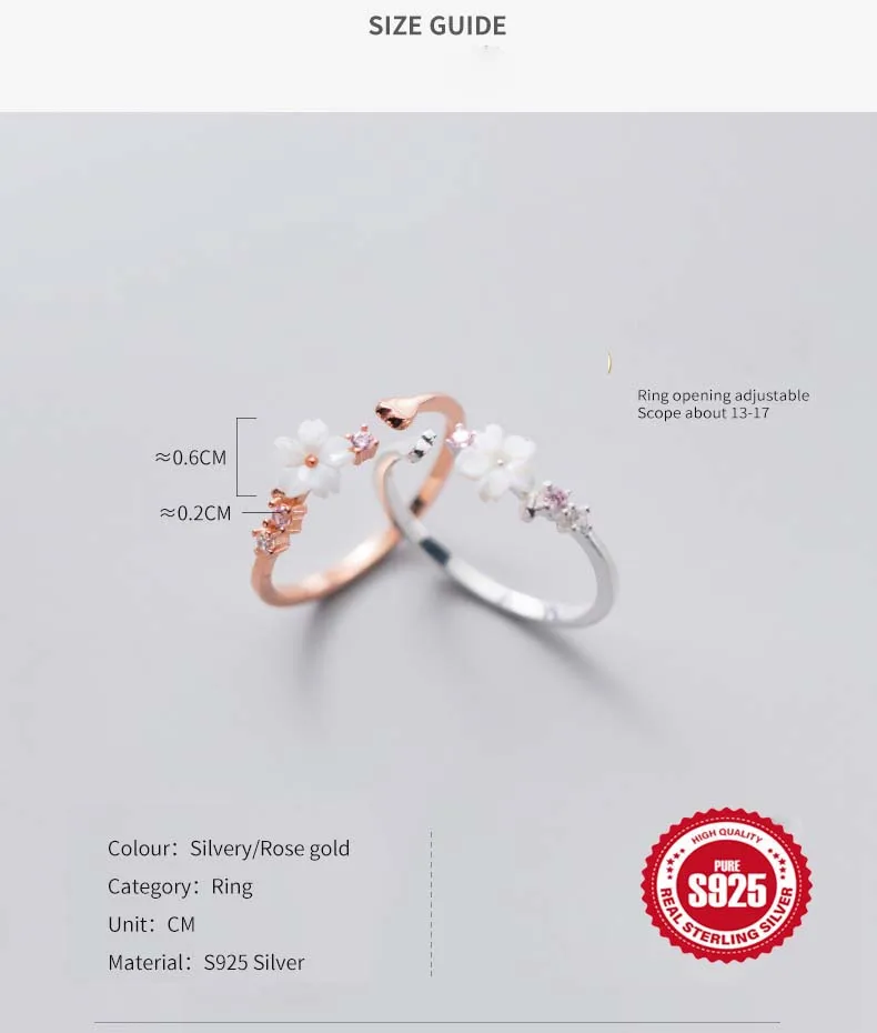 Dainty 925 Sterling Silver White Shell Flower Shape Adjustable  Cherry Blossom Ring Fresh Sweet Wedding Rings Fine Gift Ring
