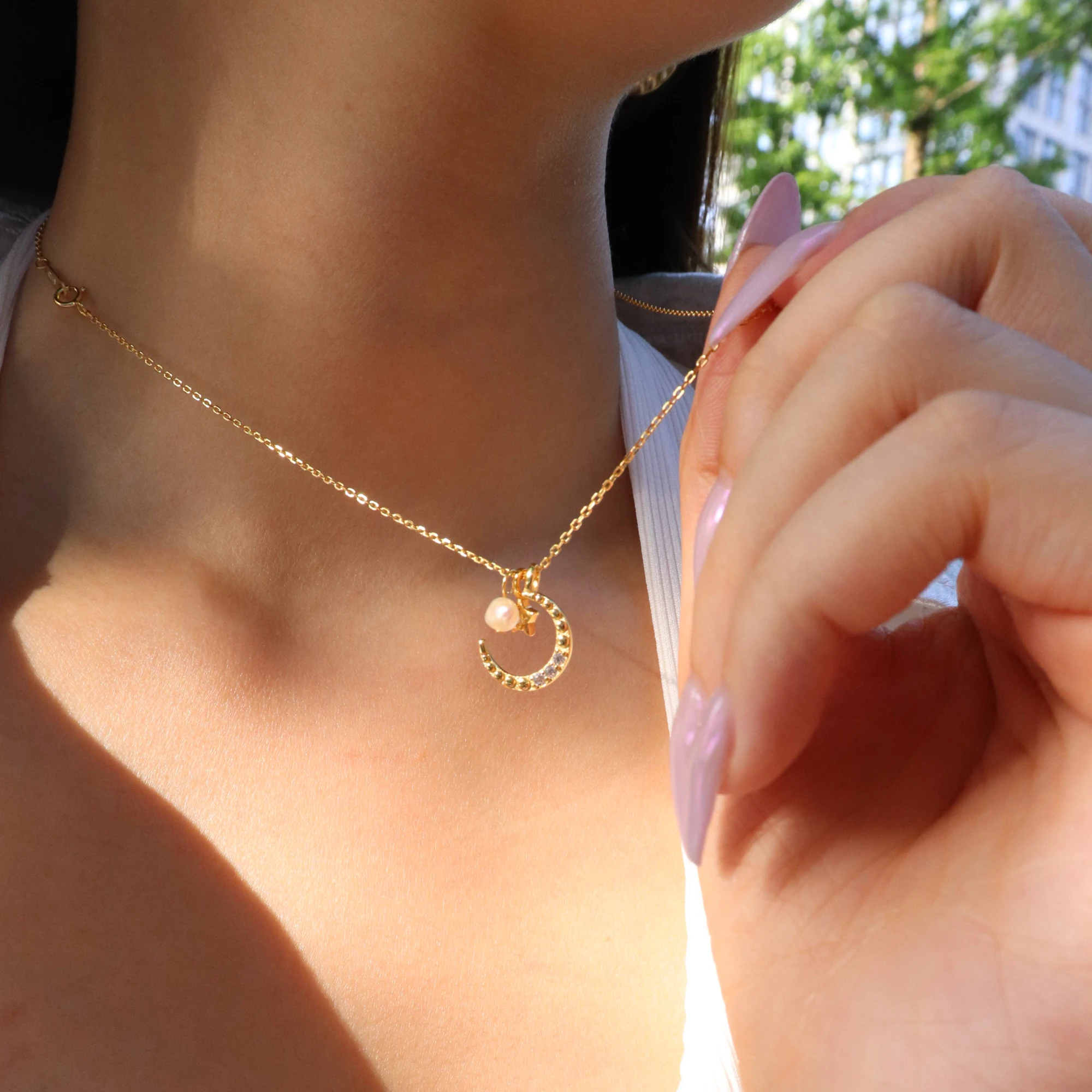 Chris April fashion design multi-way weaning 925 sterling silver gold plated moon and star pendant necklace with natural pearls