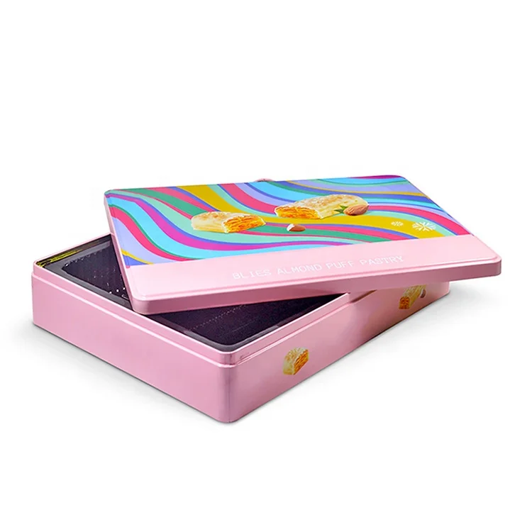 Custom rectangular metal tinplate packaging box food tin box with plastic inner tray for cookies biscuits pastry chocolate