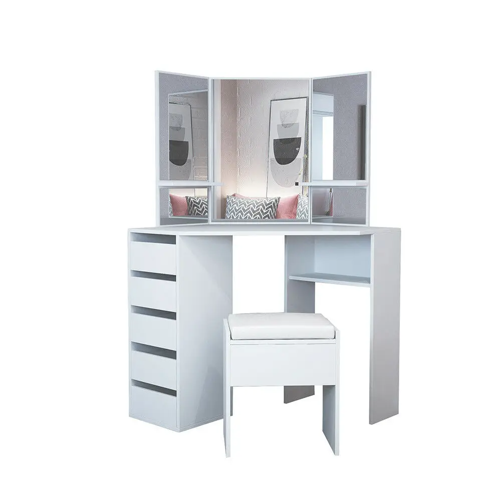 White Corner Dressing Table Stool Vanity Set White Makeup Dresser Mirror 5 Drawers