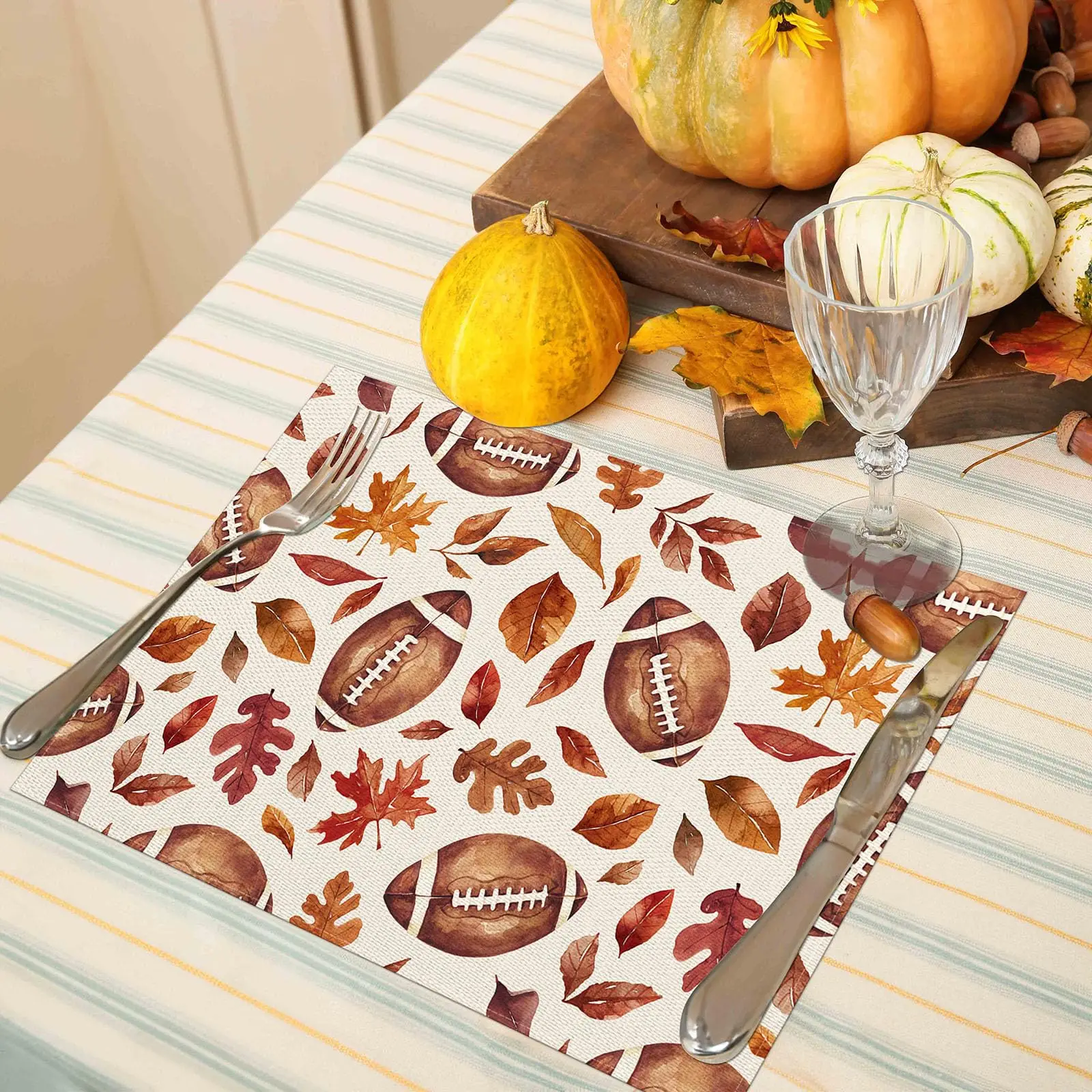 12x18 Inch Footballs with Maple Leaves Place Mats Seasonal Autumn Table Decors for Dining Thanksgiving Holiday Party