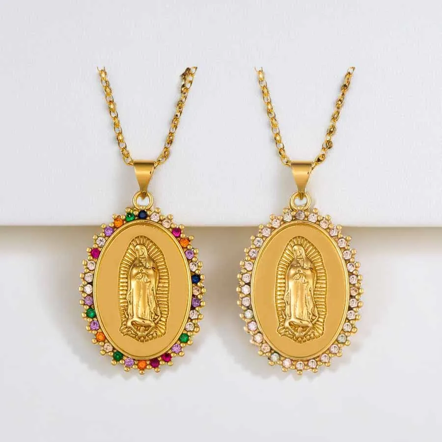 Fashion Oval Coin Medallion Religious Pendant Copper Plated 18k Gold Drop Oil Cubic Zircon Virgin Mary Necklace