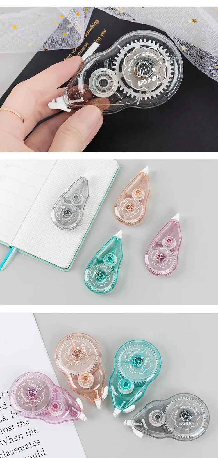 Creative Transparent glitter case, correction tape shape school PET correction tape stationery supplies,4 colors,