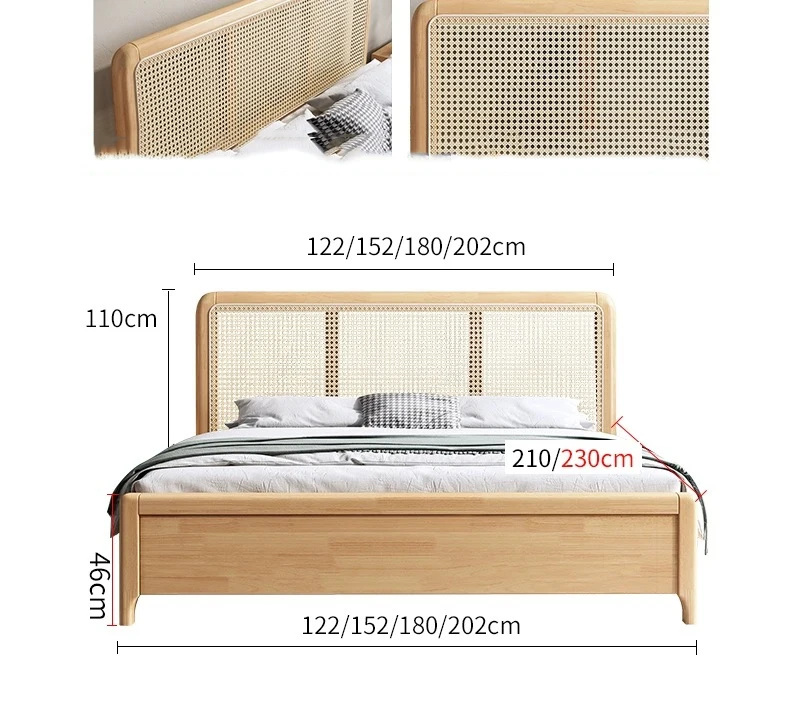 Nordic Solid Wood Rattan Simple French Japanese Style Bed Bed Room Furniture Hotel 1.8m Double Bed