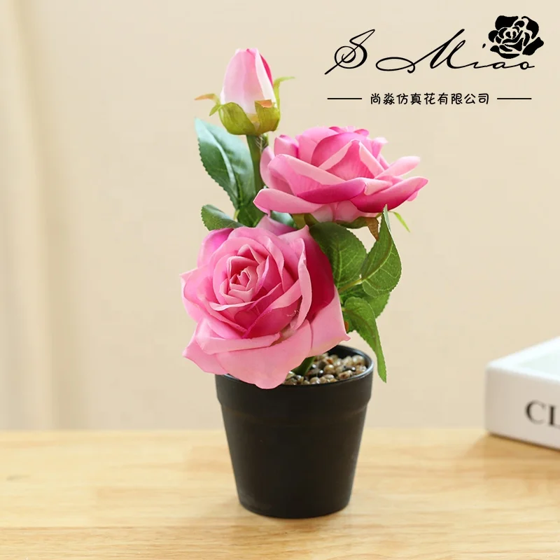 Artificial three-headed flannelette rose and black plastic pot bonsai home decor