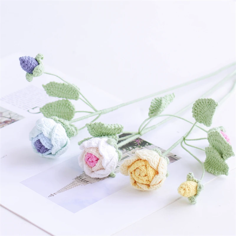New Handmade Crochet Flower Bouquet Blooming Three Leaf Rose Multicolor Handmade Crochet Flowers