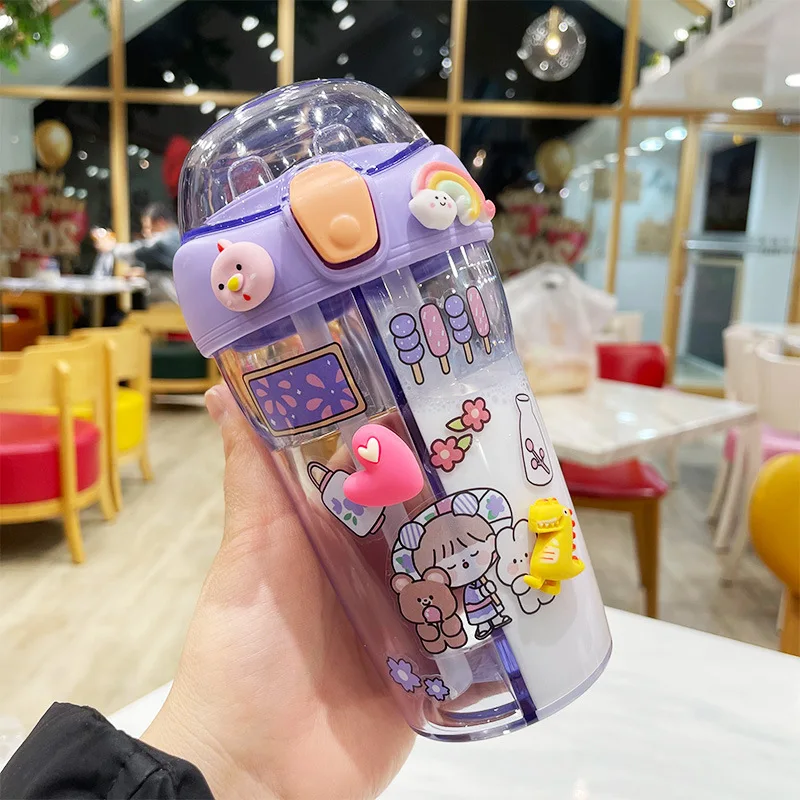 Creative Plastic Water Bottle With Two Straws Double Layer Straw Cup Outdoor Drink Bottle for Camping Hiking Travel