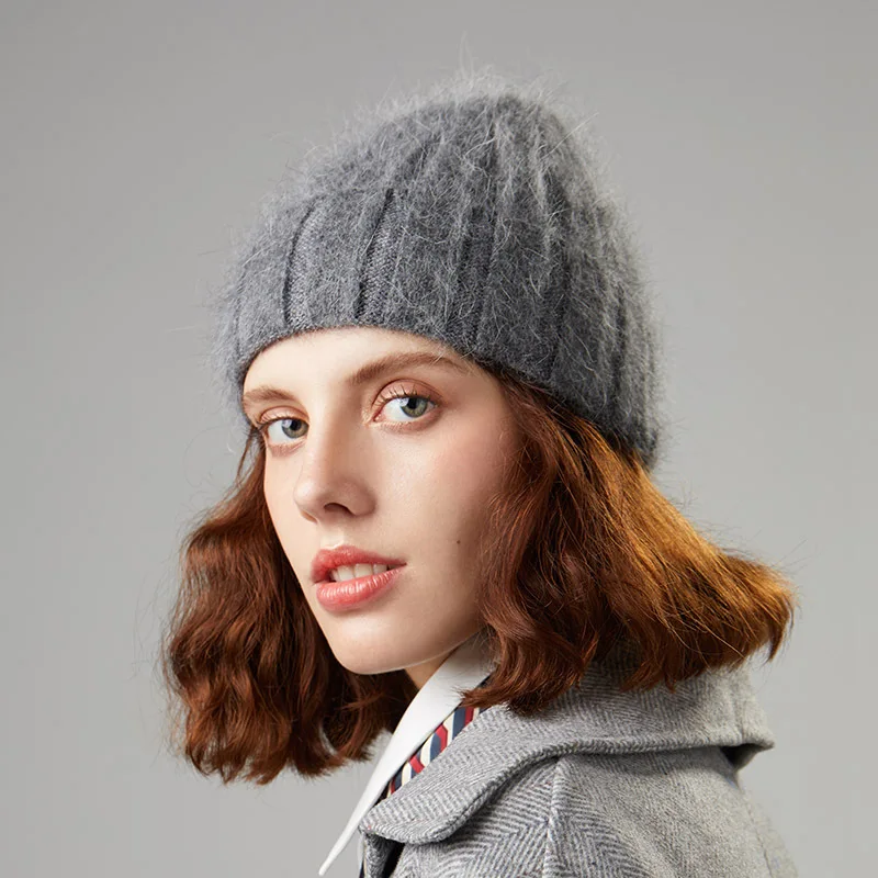 Women Girls Winter Warm Hats Angora Rabbit Fur Thick Knitted Beanie Hat