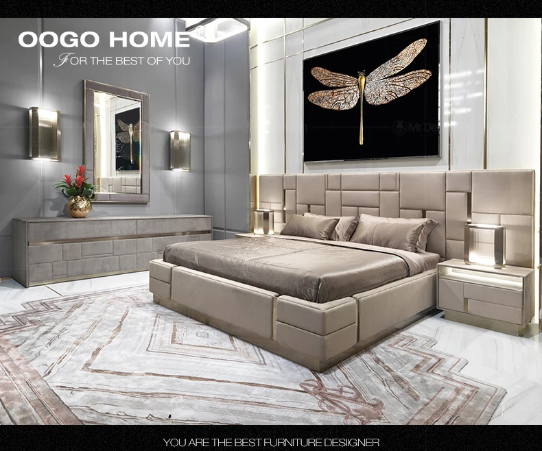 Italy Style Modern Luxury Bedroom Top Genuine Leather Wedding  Beds 1.8 m Double Bed